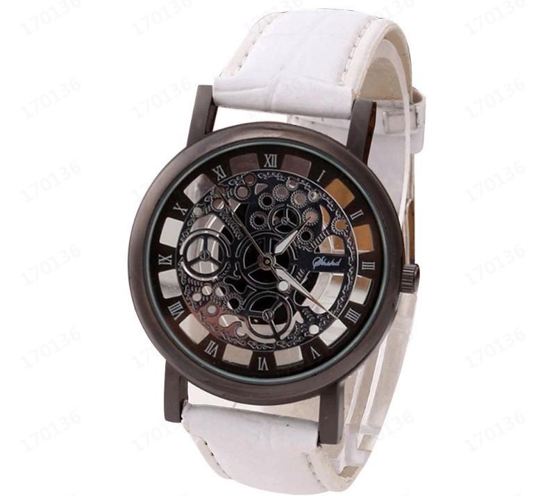 Men’s Skeleton Mechanical Watch with White Leather Strap, Roman Numerals, Transparent Dial, Classic Vintage Design, Automatic Movement