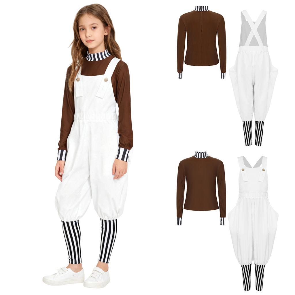 Kids Boys 2Pcs Factory Worker Cosplay Costume Mock Neck Long Sleeves Back Invisible Zipper Top and Back Cross Shoulder Strap Overalls Pants