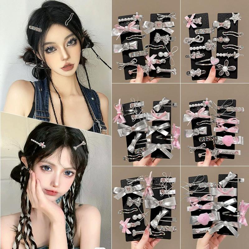 1Set Y2K Sweet Metal Hairpins Women Bow Side Bangs Barrettes Multiple Styles Seamless Duckbill Hairs Clip Girls Hair Accessoires