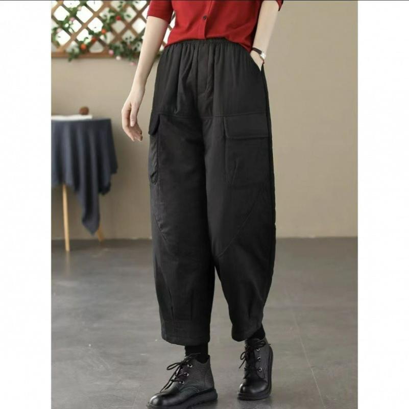 Winter Cotton Pants Women's Outer Wear Elastic Waist All-match Retro Casual Harem Pants Loose Thick Warm Pants Are Thin