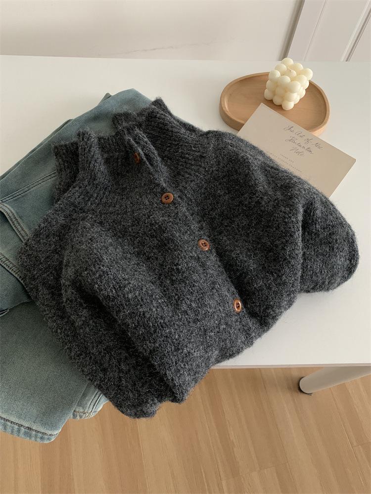Minimalistischer koreanischer Wollstrick-Cardigan für Damen – Hoher Kragen, Knopfleiste, Weich & Trendig Herbst/Winter Pullover