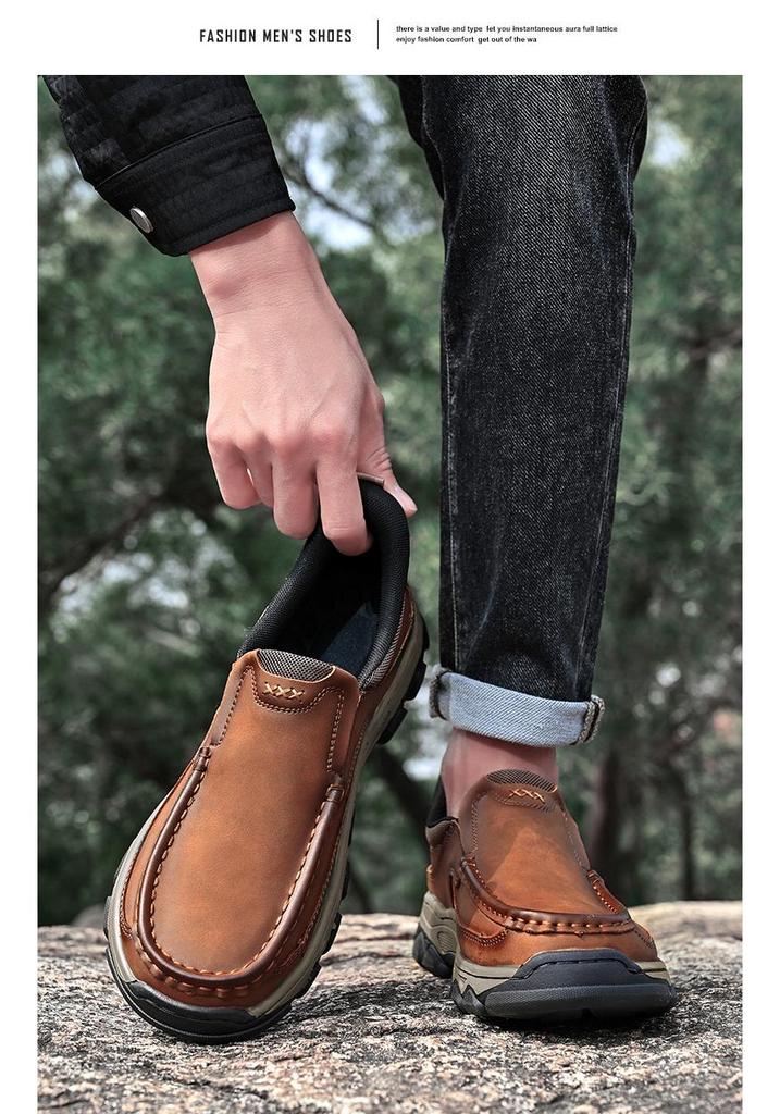 Men's Four Seasons Leather Slip-On Loafers: Thick Sole, Wear-Resistant, Casual Outdoor Shoes