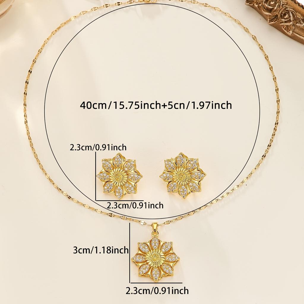 Copper-Zirconium Three-Piece Set Sunflower Necklace and Earrings