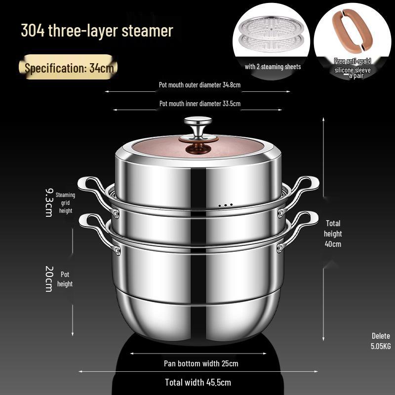 Three-Layer 304 Steel Steamer Pot with Large Capacity for Multi-Functional Cooking