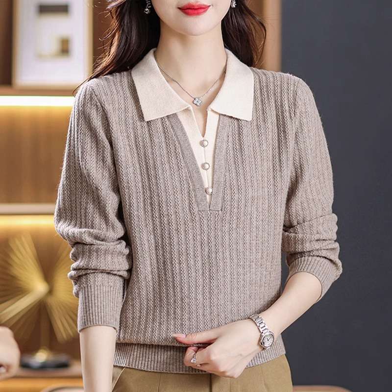 2in 1 Colorblock Collared Knitted Pullover, Casual Long Sleeve Button Front Top for Spring & Fall, Women's Clothing