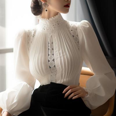 "2024 Women's White Puff Sleeve Stand Collar Shirt – New Spring Style"
