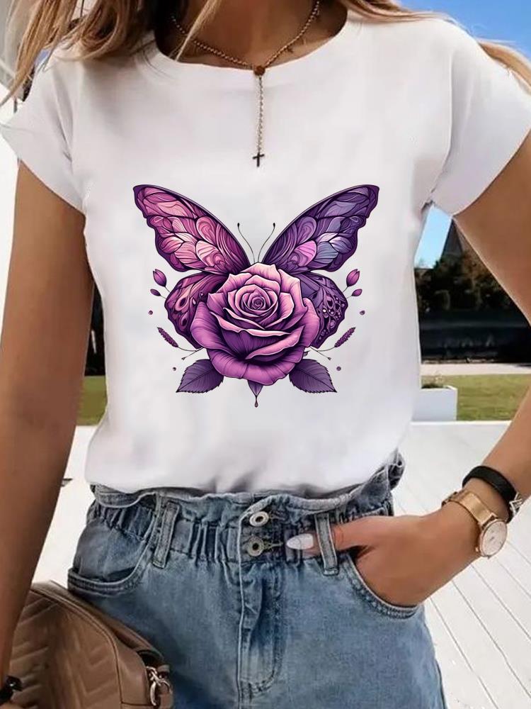 (Asian Size)  trend butterfly flower cute Graphic Tee Fashion T Clothing Women's Top  Print Female Casual  Short Sleeve T-shirts