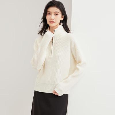 Jinju Damen-Pullover aus 100 % Wolle mit hohem Kragen und halbem Reißverschluss, dick gefüttert