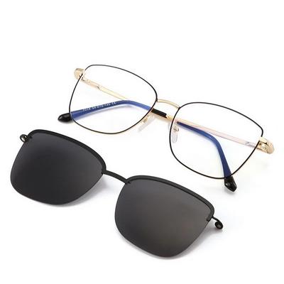 2 In-1 Glasses Anti Blue Light Glasses with 1Pc Magnetic Polarized Clip-On Sunglasses Lenses Trendy Metal Frame Cat Eye Eyewear