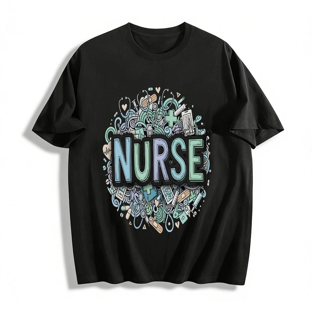 Nurse Themed Print Casual Tee Medical Elements Pattern Top Pure cotton T-shirt XXS