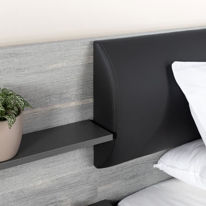 LEONARD Lit adulte 140 x 190 cm + 2 Chevets et Tête de lit en simili - Décor chêne - L 195,7 x P 235,5 x H 90,5 cm