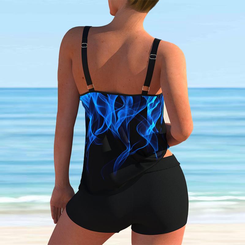 Women's Shoulder Strap Swimsuit Deep Blue Flames Print Bikini Tankini Swimsuit