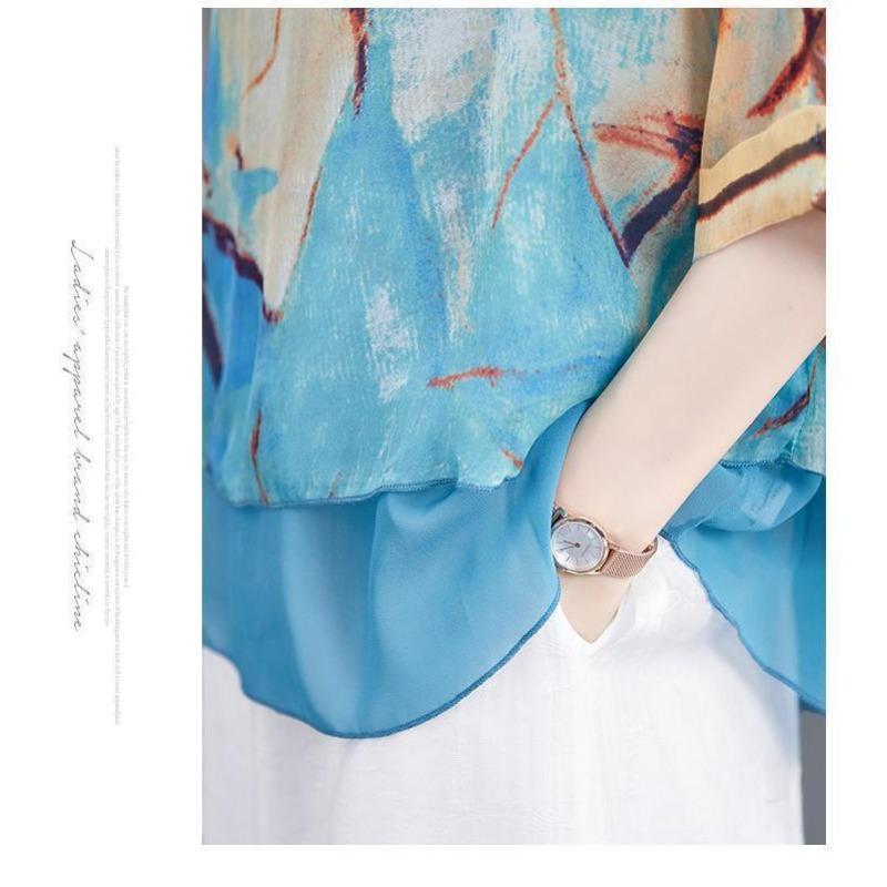 Plus Size Women Printed Chiffon Three Quarter Sleeve Fashionable Blouse