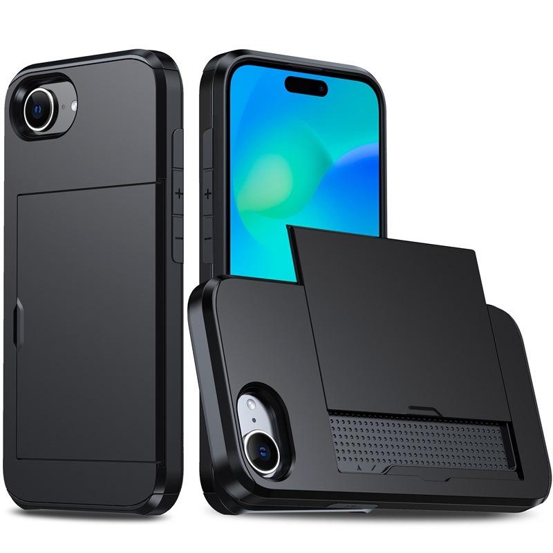 

Подходит для чехла для мобильного телефона iPhone16e Apple 15 Сдвижная крышка Карта Два-в-одном Кошелек 7/8Plus Защитный чехол SE3 iPhone 16e чёрный