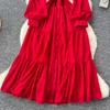 Women's Casual Dresses - Spring Autumn Women Vintage Draped Long Maxi Dress A Line Single Breasted Long Sleeve Turn Down Collar Red Green Purple