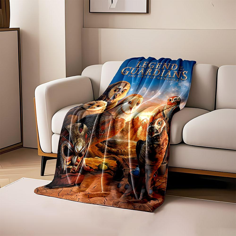 

Group of animated owls in a scenic, glowing landscape with a helmet. for all seasons blanket lunch break throw gift 80cm x 120cm