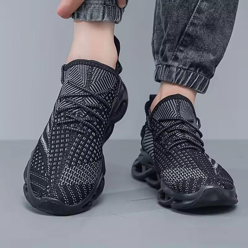 Men'S Running Shoes Fashionable High Quality Knitted Upper Breathable Hollow Out Shock Absorbing Sole Outdoor Activity Sneakers