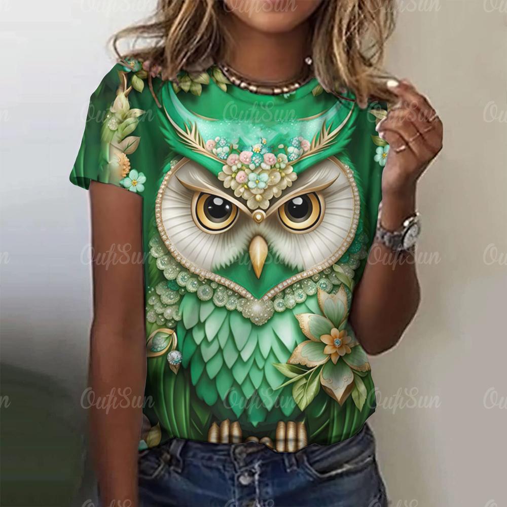 Women's T-Shirts Top Short Sleeved Owl 3D Print  Fashion Casual Style Round Neck Tee T-Shirt