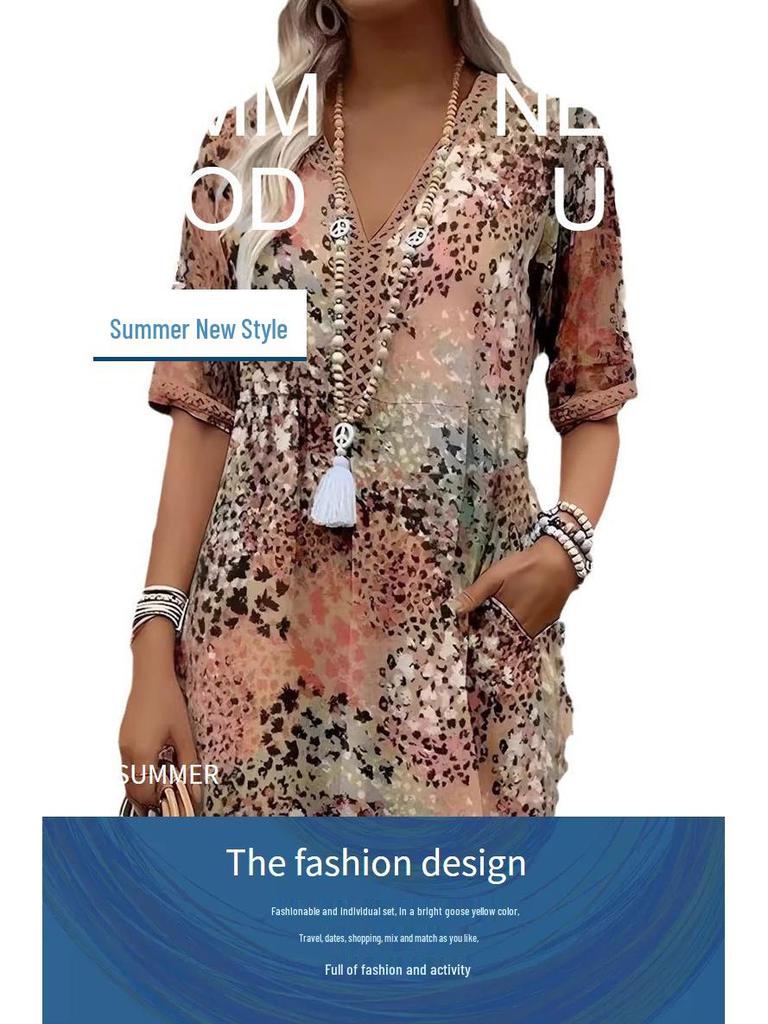 Women's V-neck Casual Summer Pocket Dress - New Print
