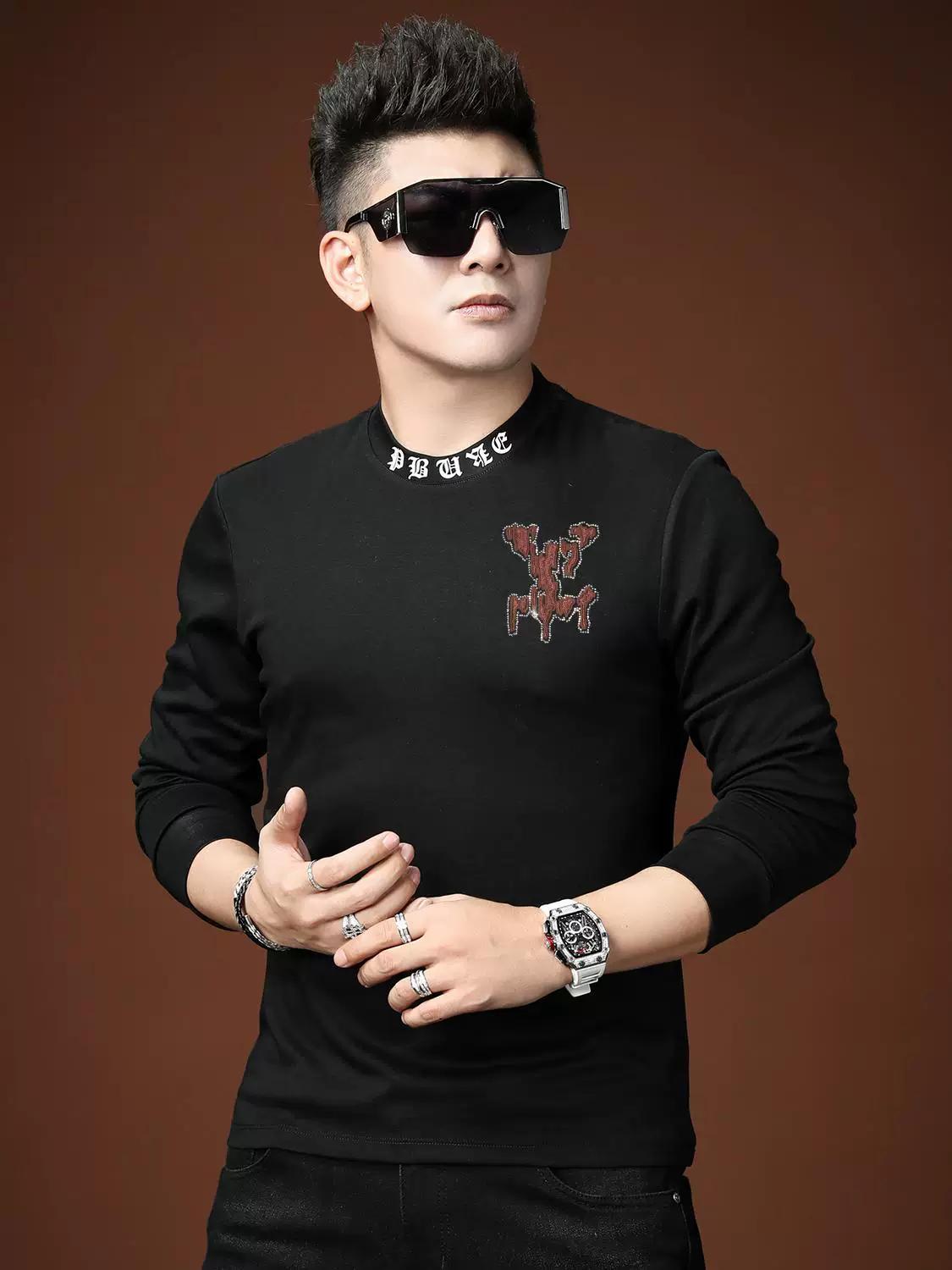 European Style 2025 Autumn New Half-Turtleneck Base Shirt Men s Long-Sleeve T-Shirt Trendy Brand Rhinestone Casual Top Men s Clothing 4XL чёрный