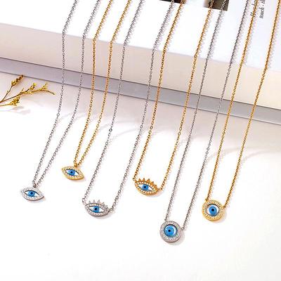 Elegant European Blue Gold-Plated Titanium Steel Eye Pendant Necklace for Women - Versatile Clavicle Chain Jewelry