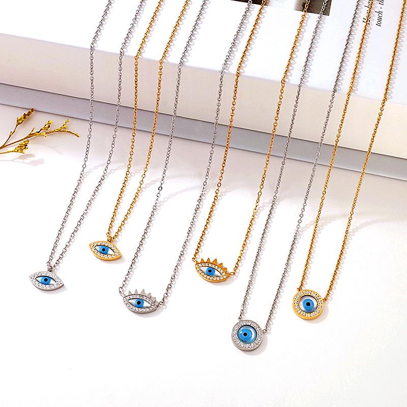 Elegant European Blue Gold-Plated Titanium Steel Eye Pendant Necklace for Women - Versatile Clavicle Chain Jewelry