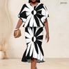 Women Plus Size Two Piece Set Round Neck Batwing Sleeve Black White Printed Ruffle Hem Top Fishtail Skirt