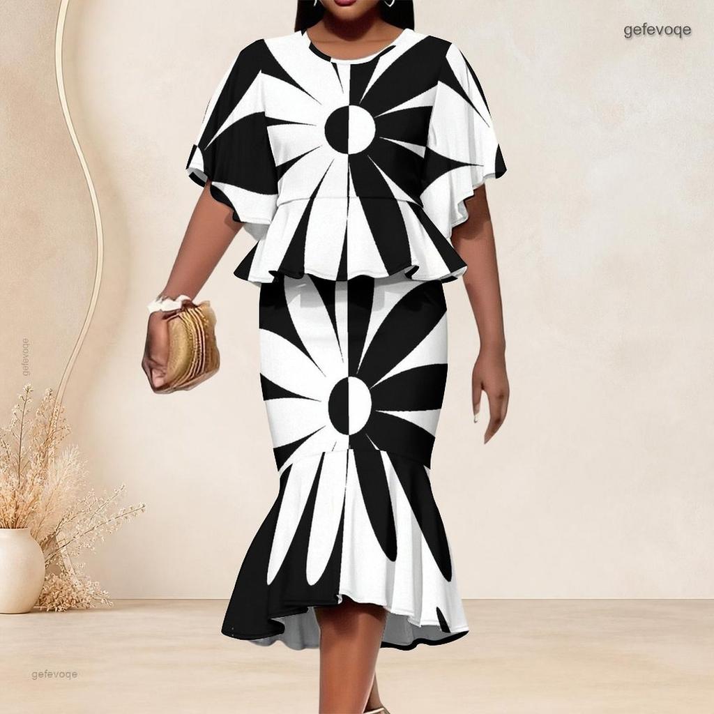 Women Plus Size Two Piece Set Round Neck Batwing Sleeve Black White Printed Ruffle Hem Top Fishtail Skirt