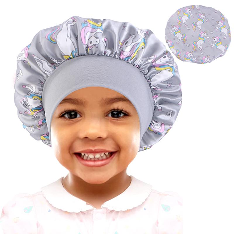 Neues Baby Einhorn Cartoon Druck Satin Nachtschlafmütze Elastisches Breites Band Bonnet Haarabdeckung Mütze Beanie Salon Bad Spa Duschhauben