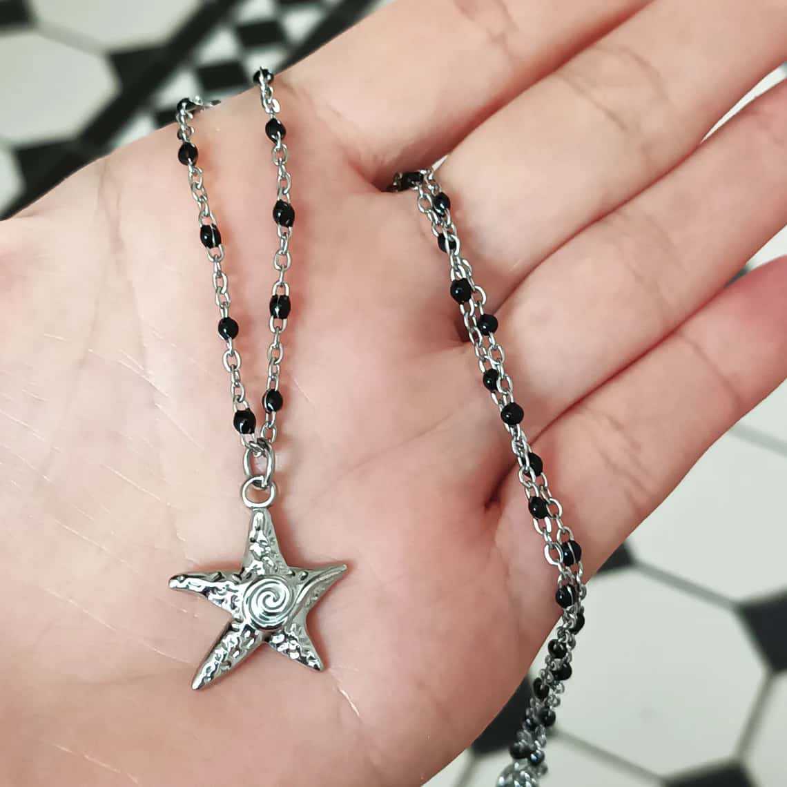 Rock Punk Retro Sliver Color Spiral Starfish Hollow Out Star Sword Pendant Necklace for Women Gothic Y2K Stainless Steel Jewelry