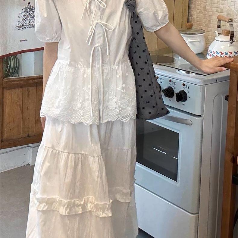 Modrá francouzská vintage košile s balónovými rukávy pro ženy letní splývavá volného střihu zakrývající bříško ležérní top