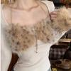 VAYLA Fur Collar One-shoulder Long-sleeved Women Slim-fit Printed Pattern Off-shoulder Short Top Trendy Hot Girl Winter T-shirt Women