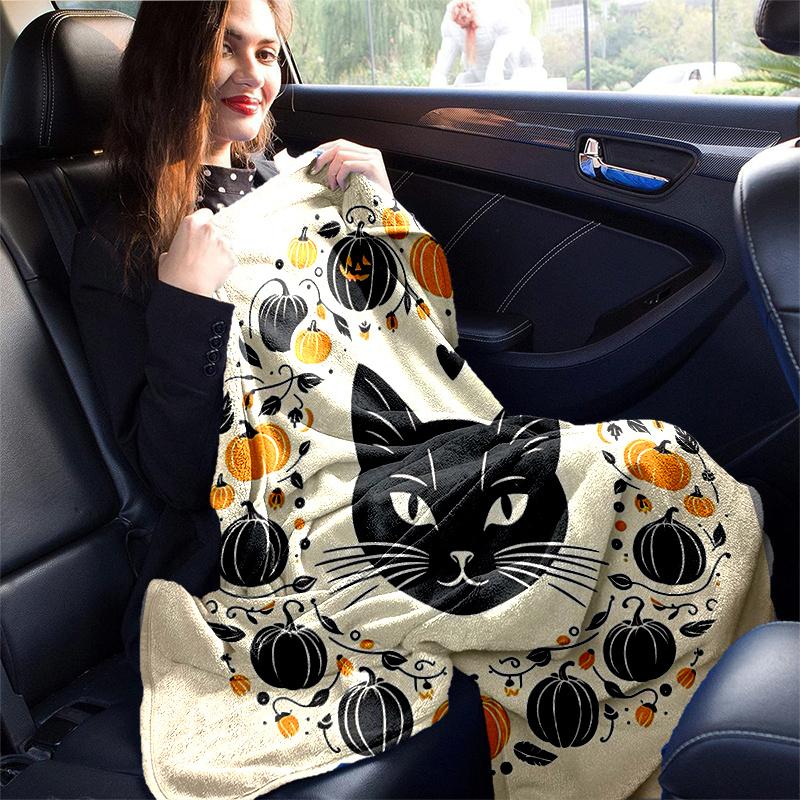 1pc Black Cat and Pumpkin Ideas Blanket  Soft and Cozy Home Decor Gift for Friend, Suitable for All Seasons, Living Room, Travel, Camping