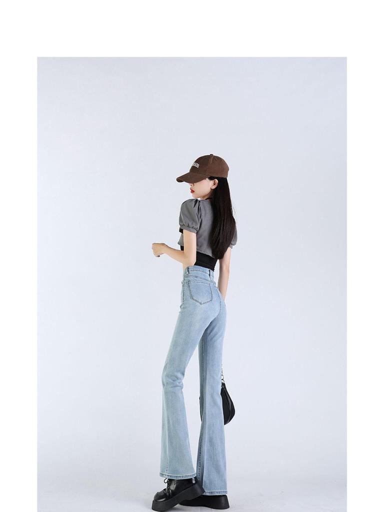 Women's High-Waisted Light Blue Micro-Flared Jeans - 2024 Spring/Autumn Versatile Long Pants.