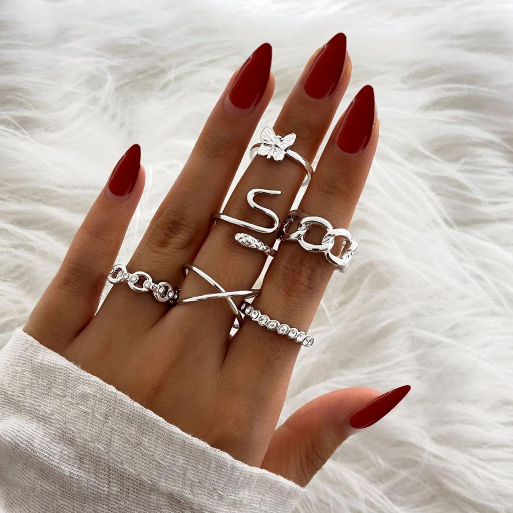 Chain Metal Element Retro Diamond-Set Hollow Butterfly Cross Snake Ring 6-Piece Set
