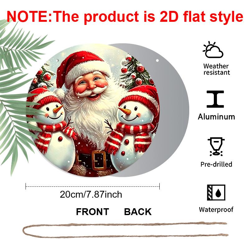 2D Flat 1pc Round Aluminum Hanging Sign, Vintage Santa Claus Two Snowmen Christmas Tree Metal Wall Decor, Xmas Winter Farmhouse Front Door Porch