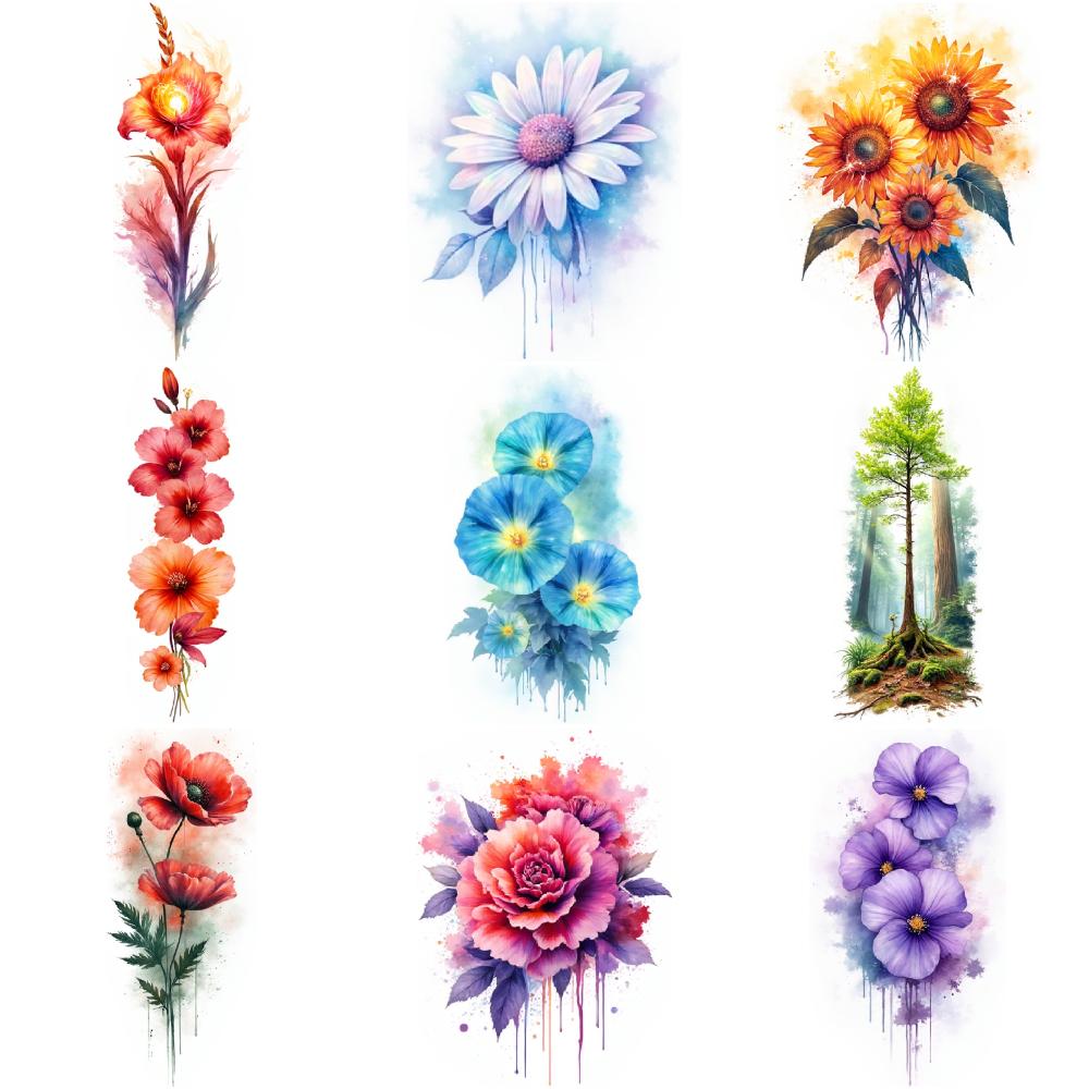 9pcs Temporary Tattoo Temporary Tattoo Stickers Floral Tattoo Watercolor Flowers Spring Blooms For Children Girls Cheeks