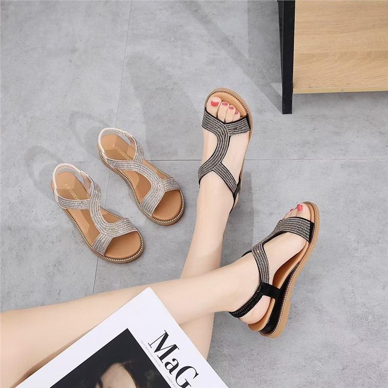 Rhinestone fish mouth beach shoes women's shoes Roman sandals women's 2023 summer new fairy wind student flats