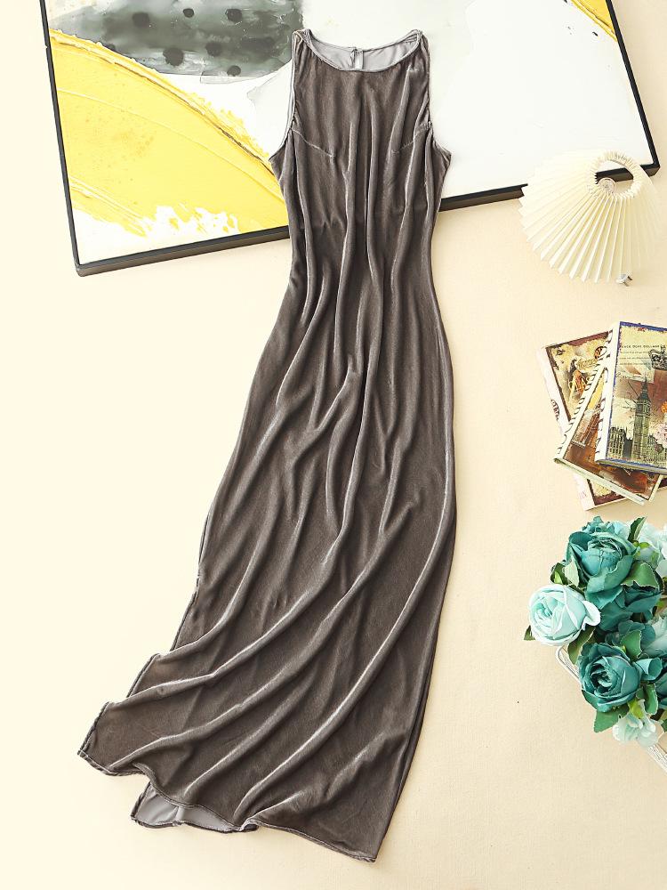 

Velvet Halter Neck Slim A-line Dress, Sleeveless Retro French Style for Summer Large темно-сірий
