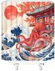 Japanese Asian Octopus Shower Curtain Funny Great Wave Sea Chinese Traditional Oriental Red Sun Ukiyo-e Kanagawa Vintage Japan