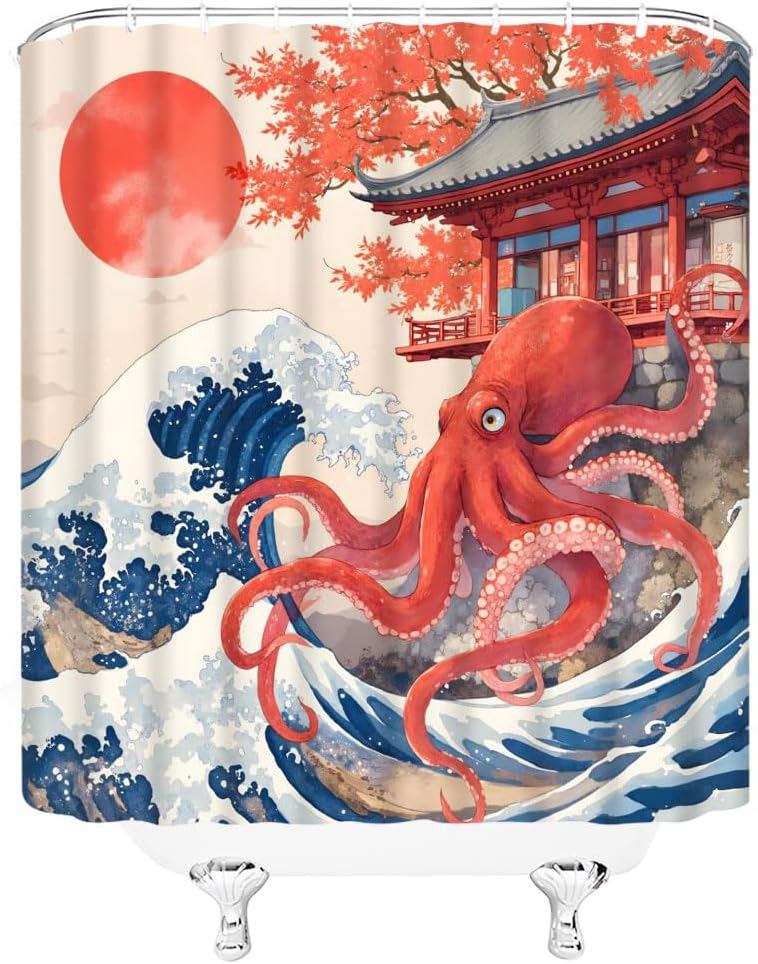Japanese Asian Octopus Shower Curtain Funny Great Wave Sea Chinese Traditional Oriental Red Sun Ukiyo-e Kanagawa Vintage Japan