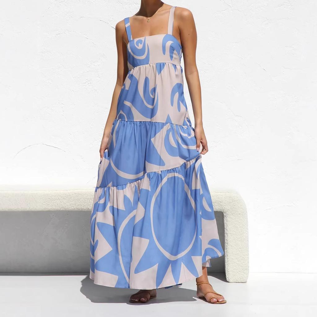 2026 Cross-border European and American Women's Clothing Summer Amazon Vacation Style Graffiti Printing Splicing Suspender Pendulum Dress Women