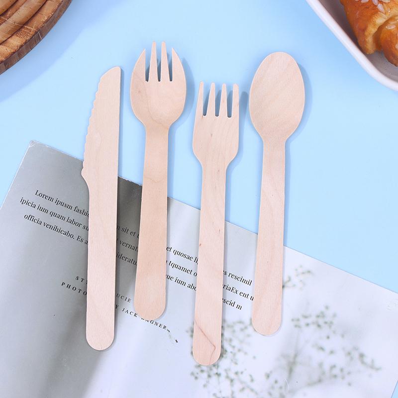 100 Pcs Disposable Wooden Cutlery Forks/Spoons/Cutters Knife Party Supplies Kitchen Utensil Dessert Tableware Packing Set