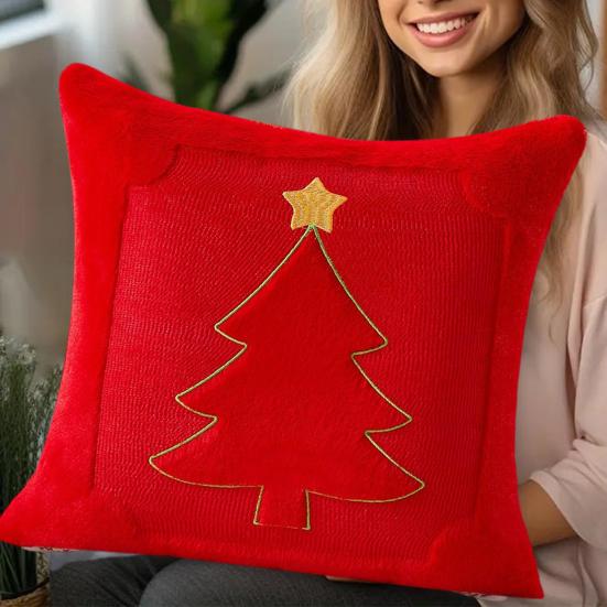 Christmas Throw Pillow Cover 18x18 Inch Plush Decorative Pillow Cover Xmas Tree with Embroidered