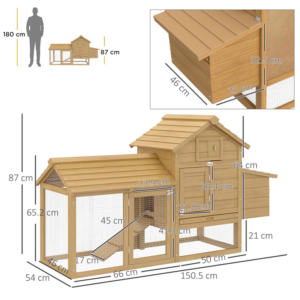 Prefabricated Wooden Chicken Coop for 2 Hens with Enclosure and Nesting Box, 151.5x54x87cm