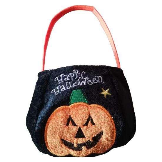 Xiaobudian Halloween Trick or Treat Bucket, 9.8x5.9 Inch Pumpkin Witch Black Cat Plush Tote Bag, Soft Candy Basket with Handle for Party Favors