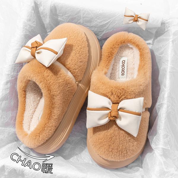 Cotton slippers thick-soled indoor household cartoon cute bow slippers winter bag heel warm home cotton shoes high heel