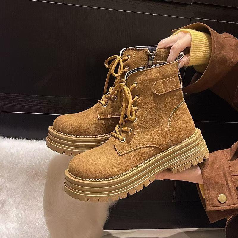 Autumn and winter suede flat Martin boots new British style big head lace-up retro locomotive short boots