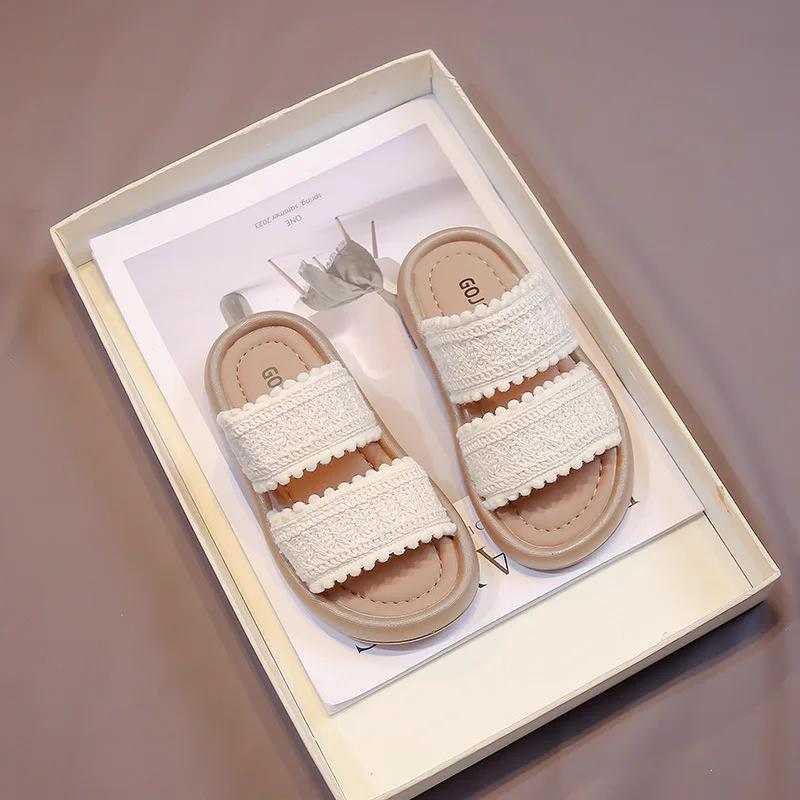 

Детские тапочки в этническом стиле Bohemia, детская обувь для девочек, летняя мода, открытые носки, для малышей, принцессы, нескользящие тапочки-слайды 23 бежевый