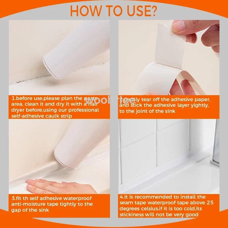 Waterproof Wall Tape Bathroom Kitchen Adhesive Tape Contour Tapes Cardboard Sealing Strip Bathroom Shower Sink Bath Caulk Tapes